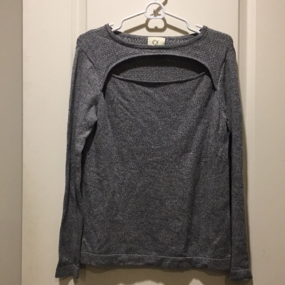 Qi womens Wool Cashmere Blend peekaboo front Sweater long sleeves size S grey
